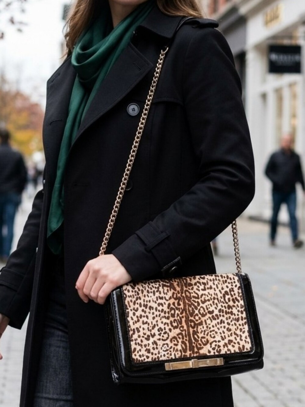 WHBM Black Patent / Calf Hair Oversized Clutch With Shoulder Strap